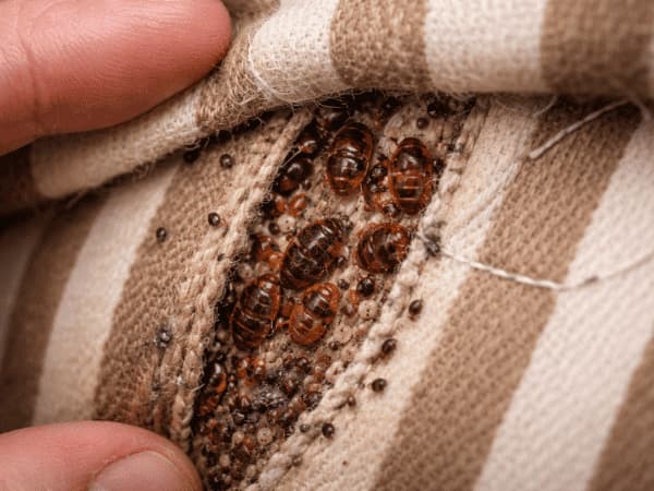 Rifugio di cimici da letto all’interno della cucitura di un materasso, con esemplari adulti, ninfe, uova e tracce di infestazione visibili.
